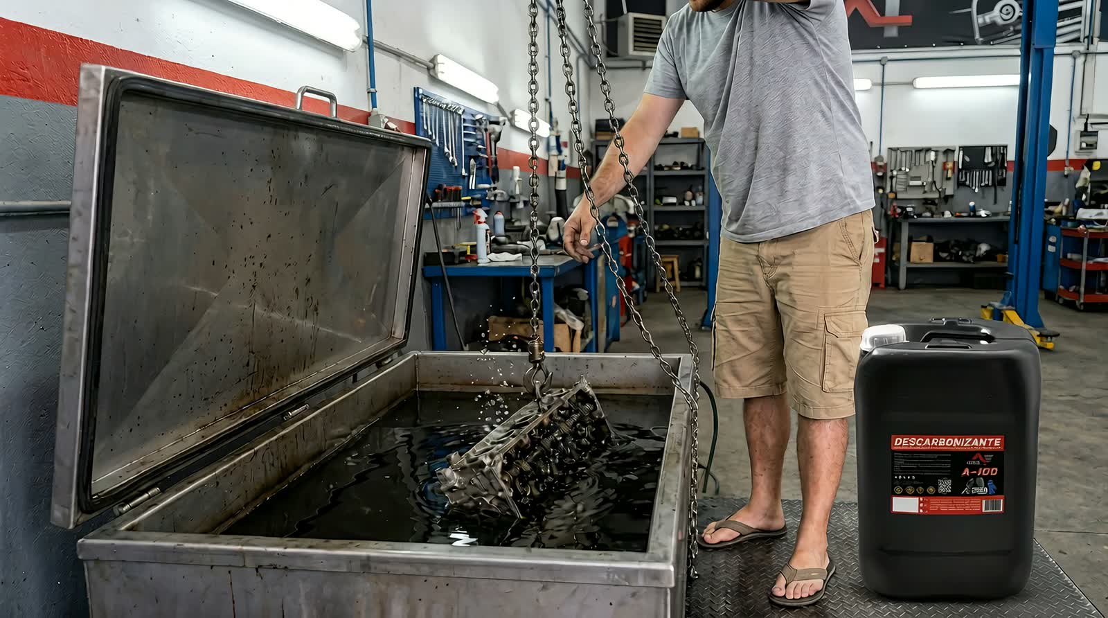 Cabeçote coberto de carbonização sendo mergulhado no tanque de descarbonizante A-100 e retirado limpo, em alumínio brilhante